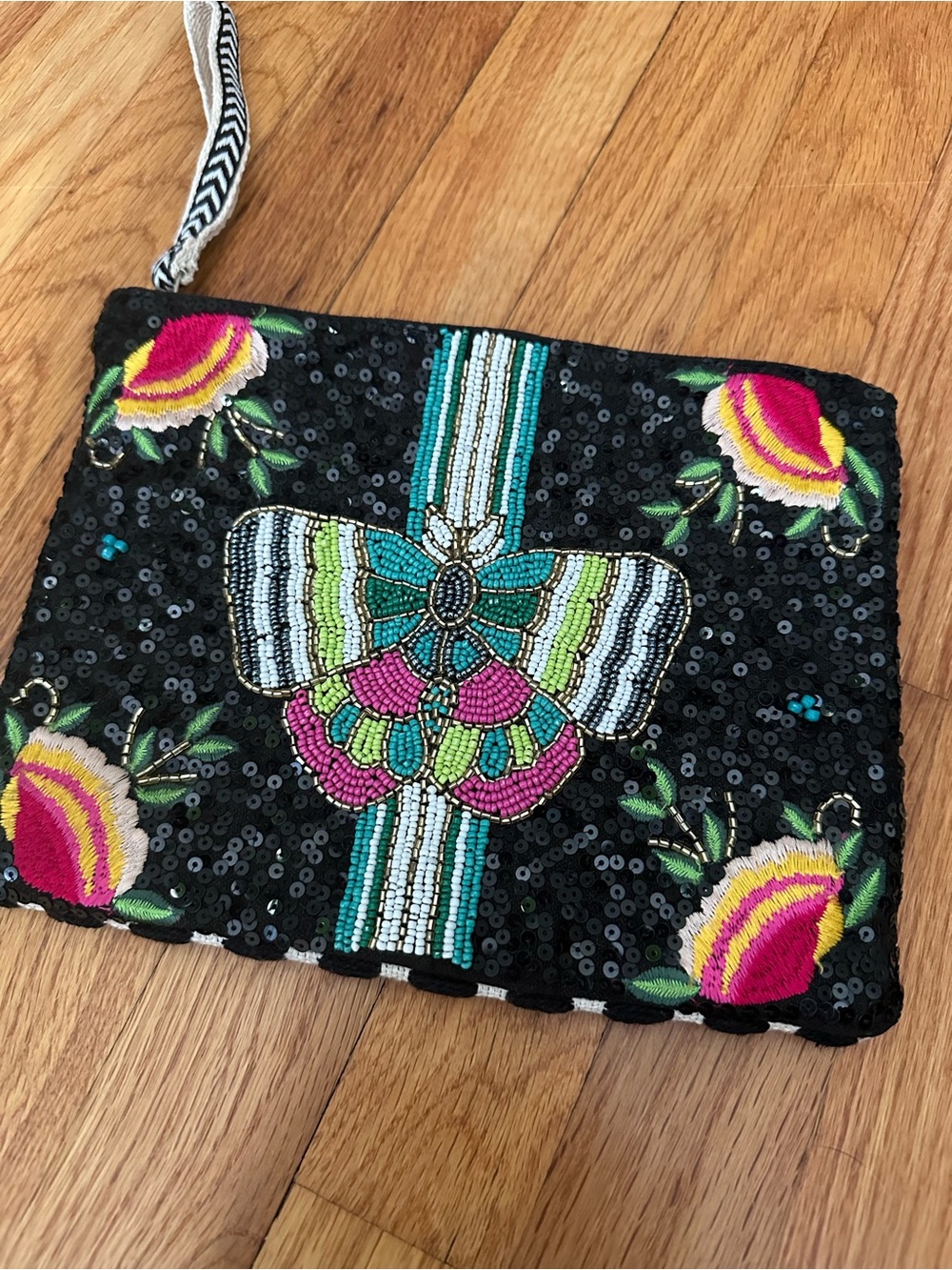 Black Sequin Beaded Wristlet Clutch with Colorful Embroidery